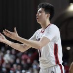 
              Davidson guard Hyunjung Lee reacts to a call during the second half of an NCAA college basketball game against Virginia Commonwealth in Davidson, N.C., Wednesday, Jan. 26, 2022. (AP Photo/Jacob Kupferman)
            
