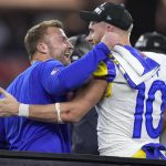 
              Los Angeles Rams head coach Sean McVay, left, celebrates with wide receiver Cooper Kupp (10) after defeating the Cincinnati Bengals in the NFL Super Bowl 56 football game Sunday, Feb. 13, 2022, in Inglewood, Calif. (AP Photo/Lynne Sladky)
            