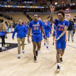 
              Florida's Niels Lane, right, celebrates as he walks off the court after beating Missouri 66-65 in an NCAA college basketball game Wednesday, Feb. 2, 2022, in Columbia, Mo. (AP Photo/L.G. Patterson)
            