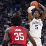 
              Penn State forward Greg Lee (5) shoots during an NCAA college basketball game against Nebraska, Sunday, Feb. 27, 2022, in State College, Pa. (Noah Riffe/Centre Daily Times via AP)
            