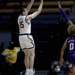 
              California forward Grant Anticevich (15) shoots against Washington during the first half of an NCAA college basketball game Thursday, Feb. 3, 2022, in Berkeley, Calif. (AP Photo/Scot Tucker)
            