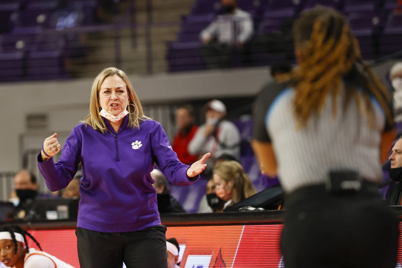 Clemson head coach Amanda Butler argues with an official as her team plays against Louisville in th...