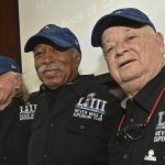 
              FILE — Members of the Never Miss a Super Bowl Club, from the left, Tom Henschel, Gregory Eaton, and Don Crisman pose for a group photograph during a welcome luncheon, in Atlanta, Friday, Feb. 1, 2019. The three men have attended every game since the first AFL-NFL World Championship held 55 years ago. They're meeting at the Super Bowl once again for this year's game, but future meetings are in question. (Hyosub Shin/Atlanta Journal-Constitution via AP, File)
            