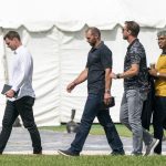 
              Cincinnati Reds' pitcher Sonny Gray, from left, St. Louis Cardinals' Paul Goldschmidt, Los Angeles Dodgers' Max Scherzer and New York Mets' Francisco Lindor arrive at Roger Dean Stadium in Jupiter, Fla., for baseball labor negotiations, Tuesday, Feb. 22, 2022. (Greg Lovett/The Palm Beach Post via AP)
            