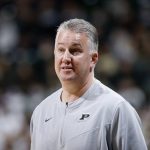 
              Purdue coach Matt Painter watches during the first half of an NCAA college basketball game against Michigan State, Saturday, Feb. 26, 2022, in East Lansing, Mich. Michigan State won 68-65. (AP Photo/Al Goldis)
            