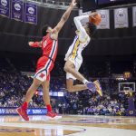 
              LSU guard Eric Gaines (2) shoots against Mississippi's Matthew Murrell during an NCAA college basketball game Tuesday, Feb 1, 2022, in Baton Rouge, La. (Scott Clause/The Daily Advertiser via AP)
            