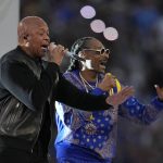 
              Dr. Dre, left, and Snoop Dogg perform during halftime of the NFL Super Bowl 56 football game between the Los Angeles Rams and the Cincinnati Bengals Sunday, Feb. 13, 2022, in Inglewood, Calif. (AP Photo/Marcio Jose Sanchez)
            