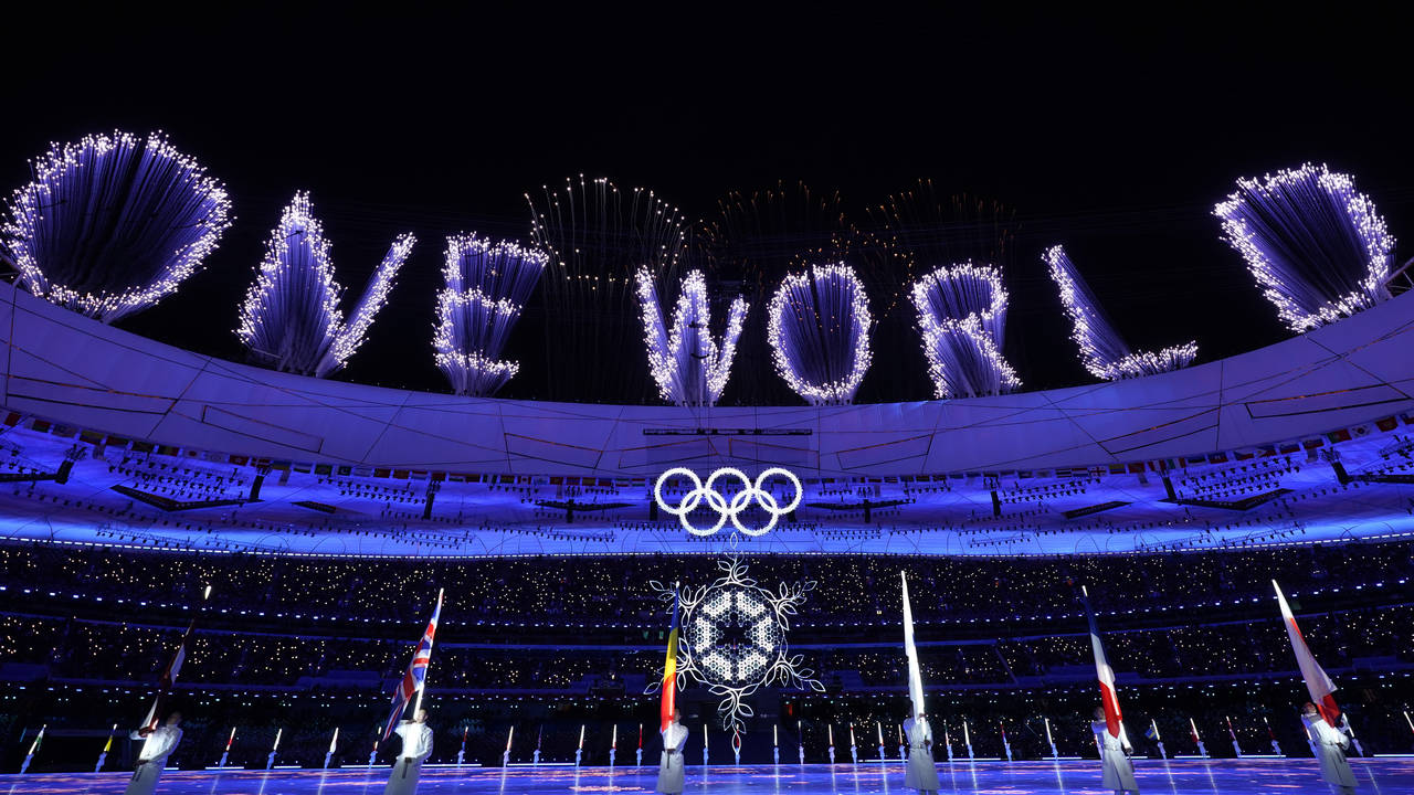 Fireworks explode over the stadium during the closing ceremony of the 2022 Winter Olympics, Sunday,...