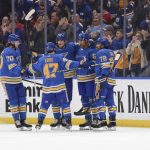 
              St. Louis Blues center Dakota Joshua, second from right, is congratulated after scoring a goal against the Chicago Blackhawks during the first period of an NHL hockey game Saturday, Feb. 12, 2022, in St. Louis. (AP Photo/Joe Puetz)
            