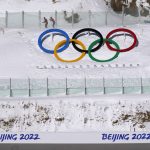 
              Biathletes skate above the Olympic rings during practice at the 2022 Winter Olympics, Thursday, Feb. 3, 2022, in Zhangjiakou, China. (AP Photo/Kirsty Wigglesworth)
            
