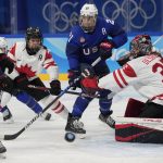 
              Canada goalkeeper Ann-Renee Desbiens (35) blocks a shot against as United States' Hilary Knight (21) watches for the rebound during a preliminary round women's hockey game at the 2022 Winter Olympics, Tuesday, Feb. 8, 2022, in Beijing. (AP Photo/Petr David Josek)
            