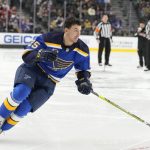 
              St. Louis Blues' Jordan Kyrou participates in the Skills Competition fastest skater event, part of the NHL All-Star weekend, Friday, Feb. 4, 2022, in Las Vegas. (AP Photo/Rick Scuteri)
            