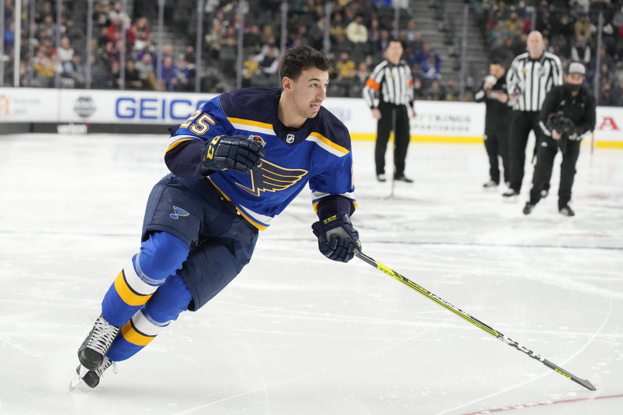 St. Louis Blues' Jordan Kyrou participates in the Skills Competition fastest skater event, part of ...