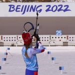 
              FILE - A biathlete from Slovakia prepares to shoot during practice at the 2022 Winter Olympics, Feb. 3, 2022, in Zhangjiakou, China. (AP Photo/Carlos Osorio, File)
            