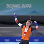 
              Ireen Wust of the Netherlands reacts after winning her heat and breaking an Olympic record in the women's speedskating 1,500-meter race at the 2022 Winter Olympics, Monday, Feb. 7, 2022, in Beijing. Her time stood for the gold medal. (AP Photo/Sue Ogrocki)
            