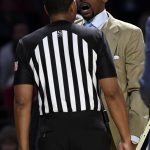 
              Vanderbilt coach Jerry Stackhouse agues a foul call with an official during the second half of the team's NCAA college basketball game against Alabama, Tuesday, Feb. 22, 2022, in Nashville, Tenn. Alabama won 74-72. (AP Photo/Mark Zaleski)
            