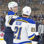 
              St. Louis Blues' Klim Kostin, left, celebrates with Tyler Bozak after scoring against the Toronto Maple Leafs during first-period NHL hockey game action in Toronto, Saturday, Feb. 19, 2022. (Chris Young/The Canadian Press via AP)
            