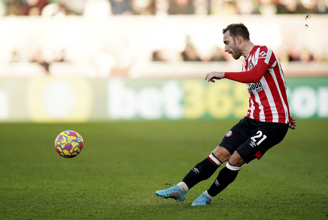 Brentford's Christian Eriksen in action, during the English Premier League soccer match between Bre...