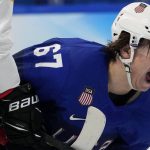 
              United States' Matt Knies celebrates a goal during a preliminary round men's hockey game against Germany at the 2022 Winter Olympics, Sunday, Feb. 13, 2022, in Beijing. (AP Photo/Petr David Josek)
            
