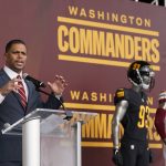 
              Washington Commanders president Jason Wright speaks during an event to unveil the NFL football team's new identity, Wednesday, Feb. 2, 2022, in Landover, Md. The new name comes 18 months after the once-storied franchise dropped its old moniker following decades of criticism that it was offensive to Native Americans. (AP Photo/Patrick Semansky)
            