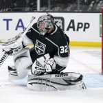 
              Los Angeles Kings goaltender Jonathan Quick is scored on by Boston Bruins left wing Jake DeBrusk during the first period of an NHL hockey game Monday, Feb. 28, 2022, in Los Angeles. (AP Photo/Mark J. Terrill)
            