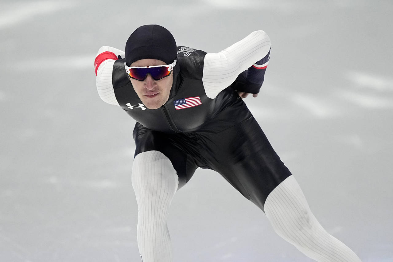 Casey Dawson of the United States competes in the men's speedskating 1,500-meter race at the 2022 W...