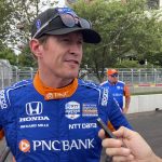 
              FILE - Six-time IndyCar champion Scott Dixon chats with the media before the start of practice of the IndyCar auto race, Friday, Aug. 6, 2021, in Nashville, Tenn. IndyCar's drivers hit the streets of St. Petersburg, Fla., later this week for the season opening race. (AP Photo/Dan Gelston, File)
            