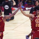 
              Cleveland Cavaliers' Jarrett Allen (31) celebrates with teammate Evan Mobley after making a shot during the skills challenge competition, part of NBA All-Star basketball game weekend, Saturday, Feb. 19, 2022, in Cleveland. (AP Photo/Ron Schwane)
            