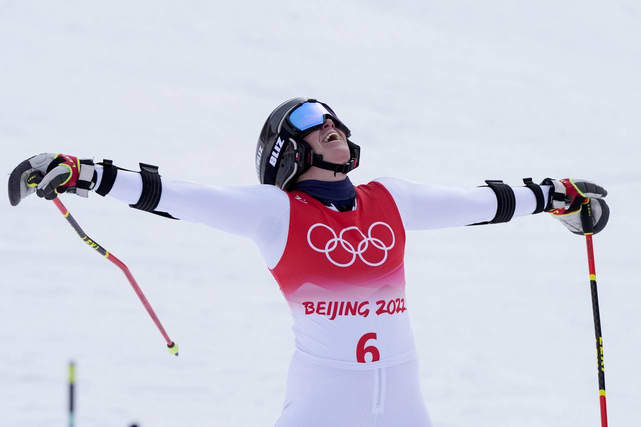 Sara Hector of Sweden celebrates winning the gold medal in women's giant slalom at the 2022 Winter ...
