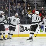 
              The Los Angeles Kings celebrate a goal against the Vegas Golden Knights during the second period of an NHL hockey game Friday, Feb. 18, 2022, in Las Vegas. (AP Photo/David Becker)
            