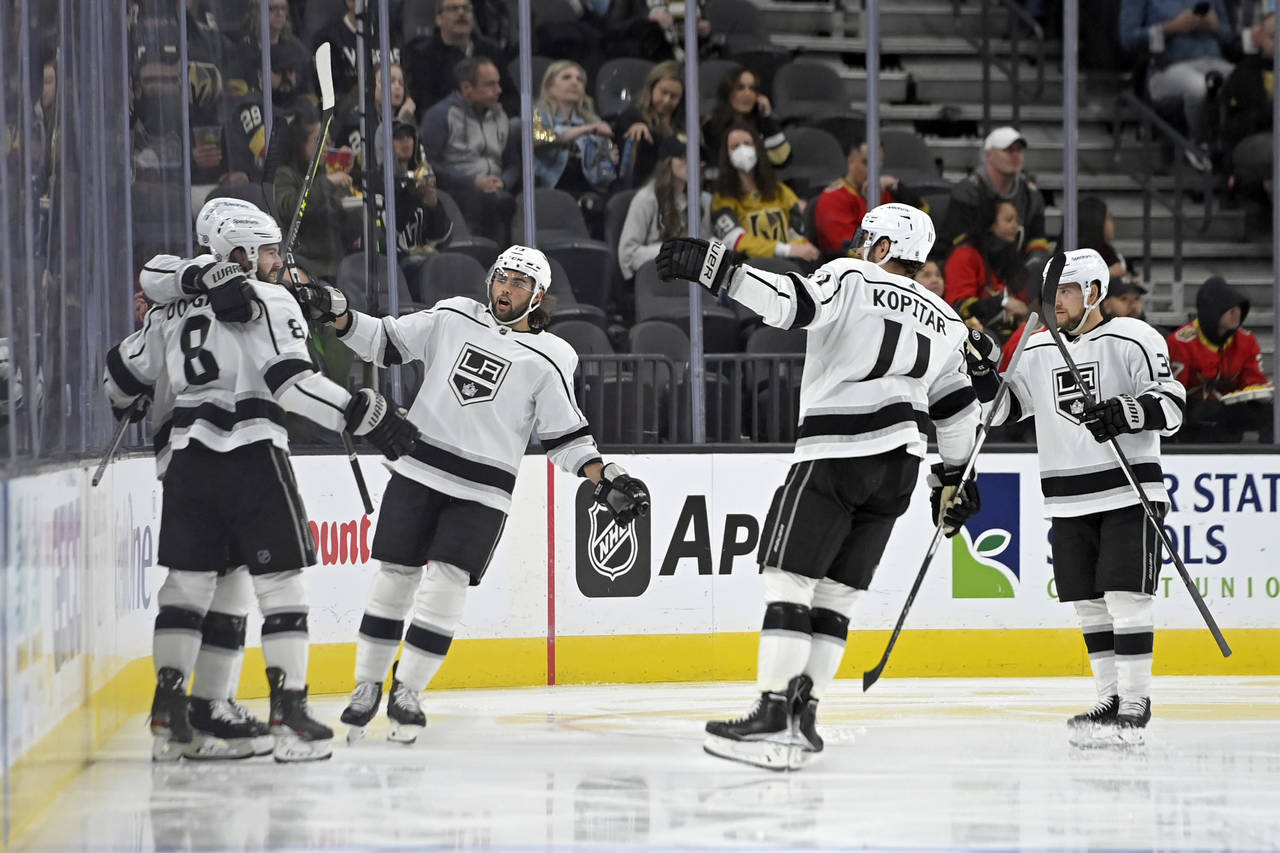 The Los Angeles Kings celebrate a goal against the Vegas Golden Knights during the second period of...