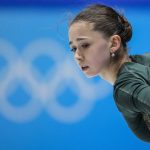 
              Kamila Valieva, of the Russian Olympic Committee, trains at the 2022 Winter Olympics, Monday, Feb. 14, 2022, in Beijing. (AP Photo/Bernat Armangue)
            