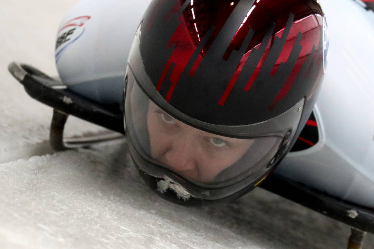 FILE - Kim Meylemans, of Belgium, starts during the women's skeleton race at the Bobsleigh and Skel...