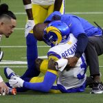
              Los Angeles Rams wide receiver Odell Beckham Jr. (3) lies injured against the Cincinnati Bengals during the first half of the NFL Super Bowl 56 football game Sunday, Feb. 13, 2022, in Inglewood, Calif. (AP Photo/Elaine Thompson)
            