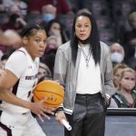 
              South Carolina head coach Dawn Staley, right, watches as Zia Cooke, left, dribbles during the second half of an NCAA college basketball game against Auburn, Thursday, Feb. 17, 2022, in Columbia, S.C. (AP Photo/Sean Rayford)
            