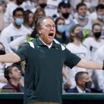 
              Michigan State coach Tom Izzo reacts during the first half of an NCAA college basketball game against Purdue, Saturday, Feb. 26, 2022, in East Lansing, Mich. Michigan State won 68-65. (AP Photo/Al Goldis)
            