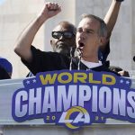 
              Los Angeles Mayor Eric Garcetti speaks during the Los Angeles Rams' victory celebration in Los Angeles, Wednesday, Feb. 16, 2022, following the Rams' win Sunday over the Cincinnati Bengals in the NFL Super Bowl 56 football game. (AP Photo/Marcio Jose Sanchez)
            
