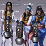 
              From left, second placed Czech Republic's Ester Ledecka, the winner Switzerland's Priska Nufer, and third placed Italy's Sofia Goggia, celebrate after an alpine ski, women's World Cup downhill race, in Crans Montana, Switzerland, Sunday, Feb. 27, 2022. (AP Photo/Giovanni Auletta)
            