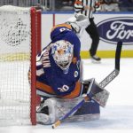 
              New York Islanders goaltender Ilya Sorokin gives up a goal to Boston Bruins left wing Taylor Hall during the first period of an NHL hockey game Thursday Feb. 17, 2022, in Elmont, N.Y. (AP Photo/Corey Sipkin).
            