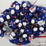 
              United States players celebrate after winning a preliminary round men's hockey game between United States and Germany at the 2022 Winter Olympics, Sunday, Feb. 13, 2022, in Beijing. (AP Photo/Petr David Josek)
            