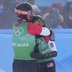 
              United States' Nick Baumgartner and United States' Lindsey Jacobellis celebrate after winning a gold medal in the mixed team snowboard cross finals at the 2022 Winter Olympics, Saturday, Feb. 12, 2022, in Zhangjiakou, China. (AP Photo/Lee Jin-man)
            