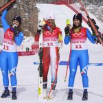 
              From left: Sofia Goggia, of Italy, silver, Corinne Suter, of Switzerland, gold, and Nadia Delago, of Italy, bronze, react during the medal ceremony for the women's downhill at the 2022 Winter Olympics, Tuesday, Feb. 15, 2022, in the Yanqing district of Beijing. (AP Photo/Luca Bruno)
            