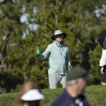 
              Bill Murray gives a thumbs up to the crowd from the 10th green of the Spyglass Hill Golf Course during the second round of the AT&T Pebble Beach Pro-Am golf tournament in Pebble Beach, Calif., Friday, Feb. 4, 2022. (AP Photo/Tony Avelar)
            
