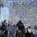 
              Confetti flies during the Los Angeles Rams' victory celebration at Los Angeles Memorial Coliseum in Los Angeles, Wednesday, Feb. 16, 2022, following the Rams' win Sunday over the Cincinnati Bengals in the NFL Super Bowl 56 football game. (AP Photo/Marcio Jose Sanchez)
            