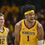 
              Minnesota forward Eric Curry (1) reacts after making a 3-point shot against Penn State during the second half an NCAA college basketball game Saturday Feb. 12, 2022, in Minneapolis. (AP Photo/Craig Lassig)
            
