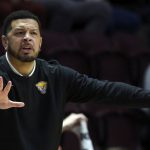 
              Pittsburgh head coach Jeff Capel directs the team against Virginia Tech in the first half of an NCAA college basketball game in Blacksburg, Va., Monday, Feb. 7 2022. (Matt Gentry/The Roanoke Times via AP)
            
