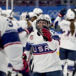 
              United States' Kendall Coyne Schofield celebrates after a win against Finland in a preliminary round women's hockey game at the 2022 Winter Olympics, Thursday, Feb. 3, 2022, in Beijing. (AP Photo/Petr David Josek)
            
