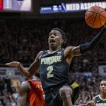 
              Purdue guard Eric Hunter Jr. (2) drives to the basket during the second half of an NCAA college basketball game against Illinois, Tuesday, Feb. 8, 2022, in West Lafayette, Ind. (AP Photo/Doug McSchooler)
            