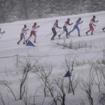 
              Skiers compete during the men's 4 x 10km relay cross-country skiing competition at the 2022 Winter Olympics, Sunday, Feb. 13, 2022, in Zhangjiakou, China. (AP Photo/Aaron Favila)
            