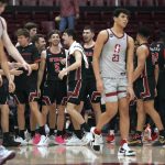 
              Utah players celebrate after an NCAA college basketball game against Stanford in Stanford, Calif., Thursday, Feb. 17, 2022. (AP Photo/Darren Yamashita)
            